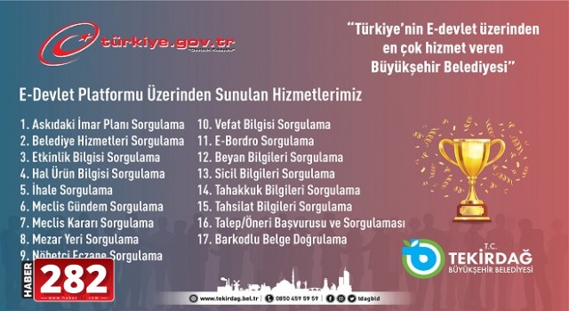 TEKİRDAĞ BÜYÜKŞEHİR BELEDİYESİ E-DEVLET ENTEGRASYONUNDA BİRİNCİ SIRADA